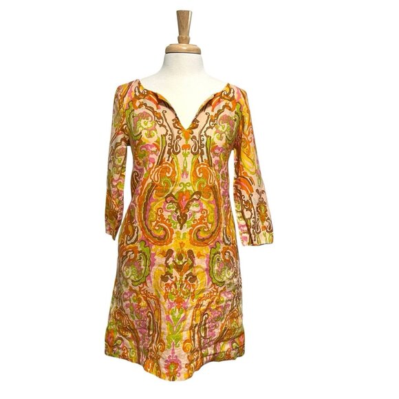 J. Crew 100% Linen Paisley Retro Mod Dopamine Colorful Shift Dress Boho size 4 - Picture 1 of 8